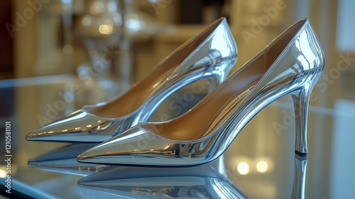 Sleek silver high heels showcased in a modern boutique interior setting with ...