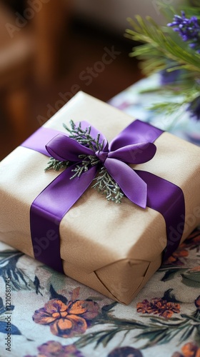 Beautifully wrapped gift with purple ribbon on a soft background