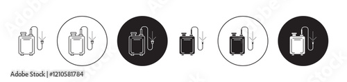 Pressure sprayer icons set in black filled and stroke line style