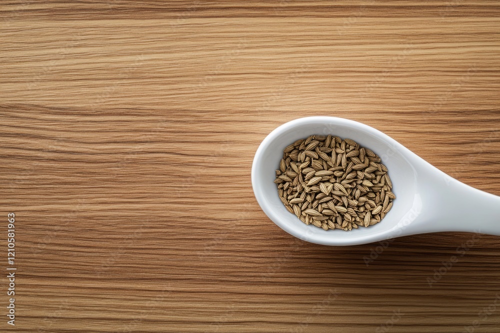 Cumin Seed Bliss: Dry Caraway in White Spoon on Rustic Wooden Board Cumin Seed Bliss: Dry Caraway in White Spoon on Rustic Wooden Board