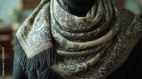Elegant black fabric with intricate silver floral embroidery on display durin...