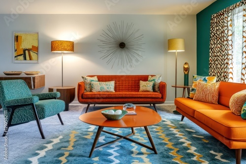 A mid-century modern living room featuring retro furniture, bold patterns, and a vibrant color palette of orange and teal photo