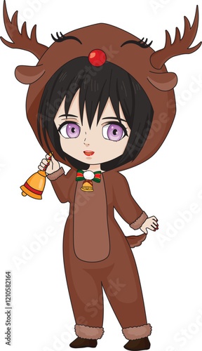 Chibi girl in reindeer costume with bell christmas anime vector