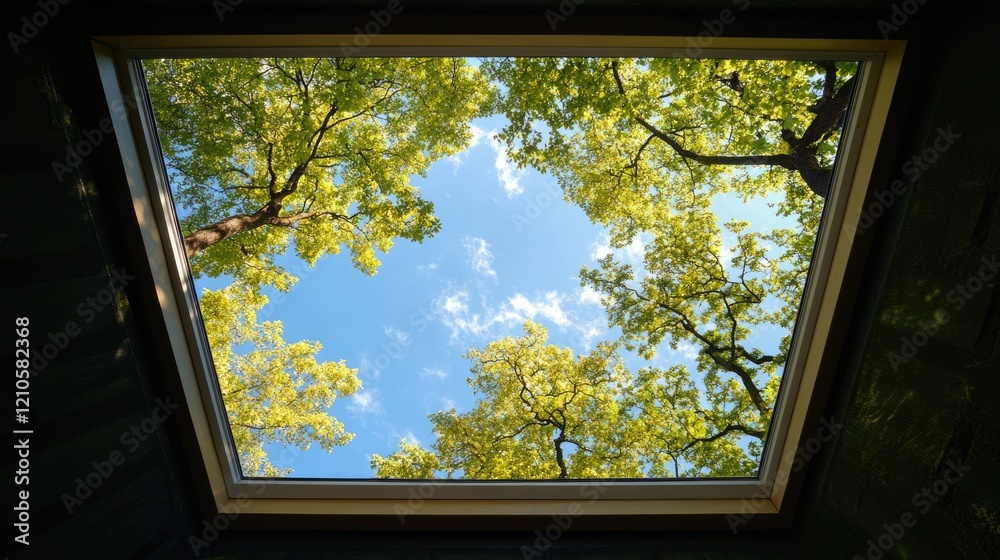 Naklejka premium Skylight Serenity: Bright Roof Windows Embracing Blue Skies Above Verdant Trees