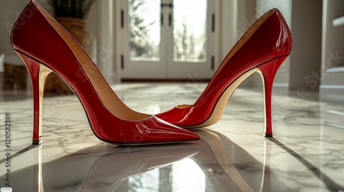 Elegant red high heel shoes on a marble floor in bright natural light during ...