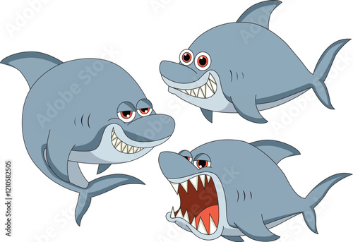 Blue shark cartoon with smile animal vector set