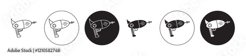 Space gun icons set in black filled and stroke line style