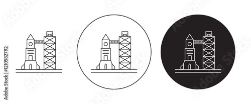 Spacecraft launch icons set in black filled and stroke line style