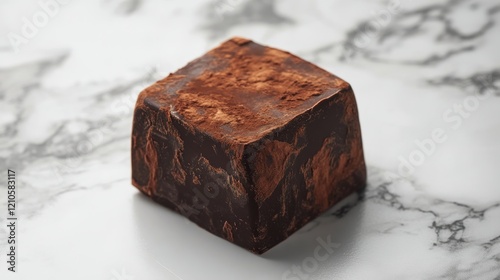 Dark chocolate bar with broken pieces on a marble surface during bright daylight