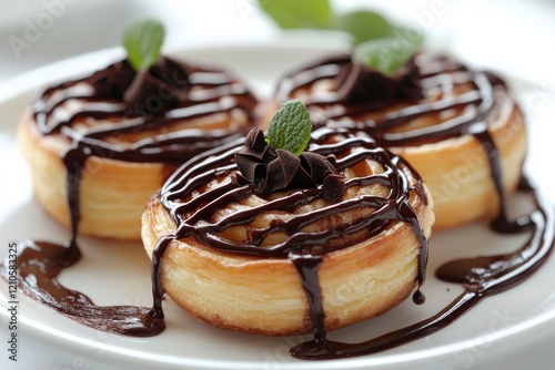 Delicious cinnamon rolls topped with chocolate drizzle and chocolate chips on...