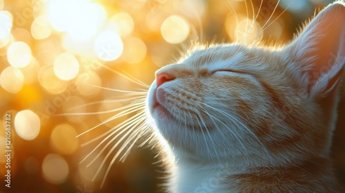 Cat illuminated by soft light showcasing whiskers and fur in a cozy environme...