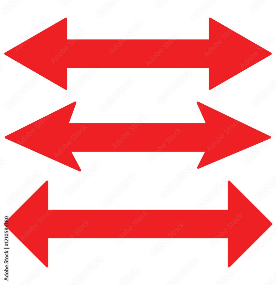 Horizontal dual sided long straight arrow signs. Black, red, stock pointer, direction, position symbol and double arrow icon isolated on white background. Vector graphic illustration. In eps 10 Horizontal dual sided long straight arrow signs. Black, red, stock pointer, direction, position symbol and double arrow icon isolated on white background. Vector graphic illustration. In eps 10