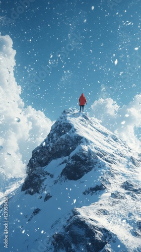 Winter hiker trudges through deep snow on a mountain path surrounded by frost...