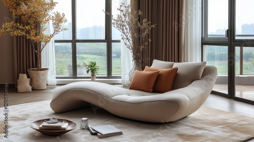 Modern lounge area with elegant chair overlooking serene outdoor space in aft...