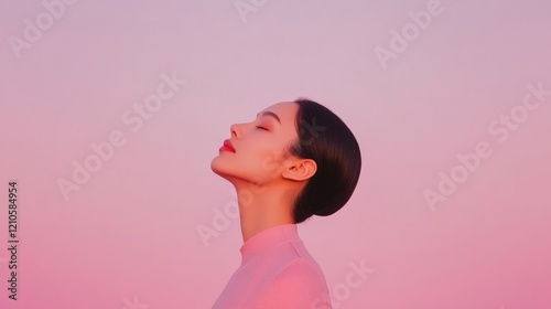 Mindful Movement Silhouette Asian Woman in Minimalist Lavender Setting - Inner Peace Imagery for Mental Health Advocacy and Contemporary Wellness Branding photo