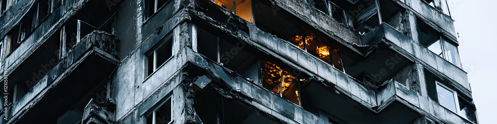 Fire-Damaged Multi-Story Building with Interior Flames Fire-Damaged Multi-Story Building with Interior Flames