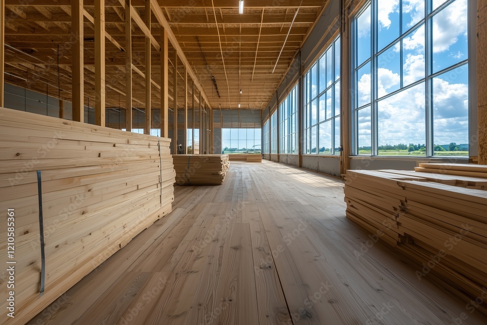 Large industrial workshop with stacks of wooden planks and bright daylight streaming through large windows. Concept of woodworking and construction. Large industrial workshop with stacks of wooden planks and bright daylight streaming through large windows. Concept of woodworking and construction.