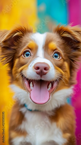 Happy puppy poses with vibrant colorful background displaying joy and playful...
