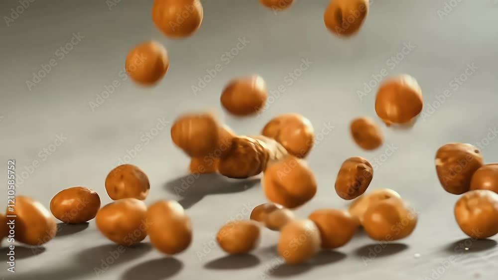 cinematic super slow motion shot of dried chickpeas rolling and bouncing across a flat surface captured at 1000 frames per second for dramatic effect