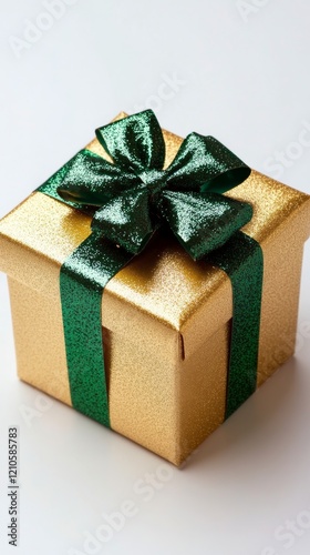 Gift box wrapped in gold with a dark green ribbon and bow on a light surface