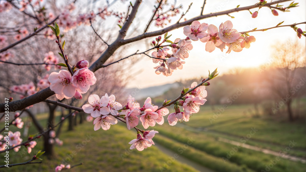 Branch of Blooming Pink Cherry Blossoms in Spring Garden under Clear Sky Branch of Blooming Pink Cherry Blossoms in Spring Garden under Clear Sky