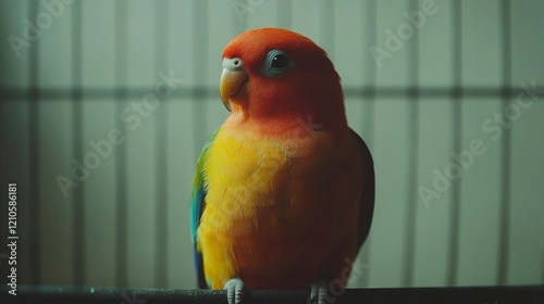 Colorful parrot perched inside cage showcasing vibrant feathers and curious e...