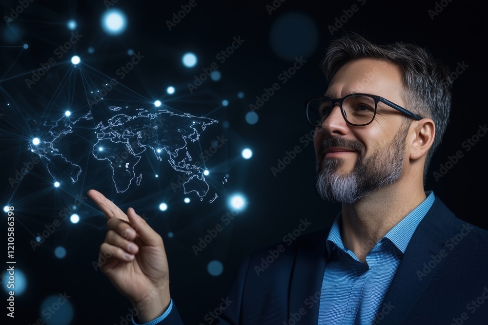 Bearded professional pointing at a glowing world map interface on a black background. Global networking and technology concept. Bearded professional pointing at a glowing world map interface on a black background. Global networking and technology concept.