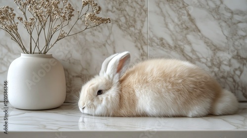 Soft white rabbit resting beside a vase of dried flowers on a marble surface