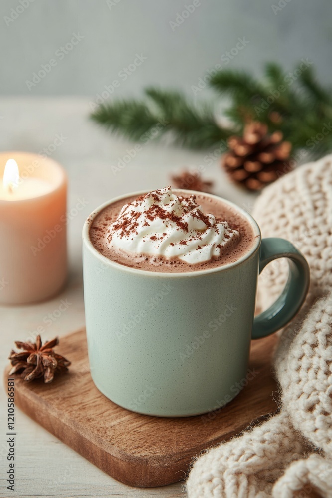 Rustic Winter Drink Display Ceramic Mug of Whipped Hot Chocolate with Knit Blanket and Candlelight - Cozy Lifestyle Content and Rustic Home Decor Merchandising Rustic Winter Drink Display Ceramic Mug of Whipped Hot Chocolate with Knit Blanket and Candlelight - Cozy Lifestyle Content and Rustic Home Decor Merchandising