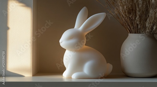 Soft plush bunny and bear toys on a shelf in a cozy room filled with decorati...
