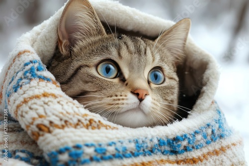 Cat wrapped in warm blanket gazes curiously at snowy surroundings