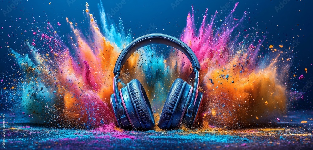 custom made wallpaper toronto digitalA creative music festival scene, featuring vivid powder bursts surrounding a set of headphones, evoking an exciting celebration of sound and color.