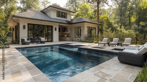 Modern backyard oasis with swimming pool surrounded by lush greenery and invi...