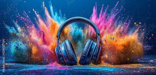 A creative music festival scene, featuring vivid powder bursts surrounding a set of headphones, evoking an exciting celebration of sound and color.