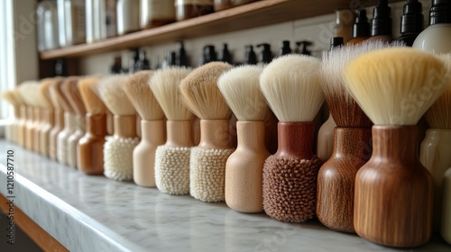 Craftsmanship of natural shaving brushes displayed in a modern grooming store