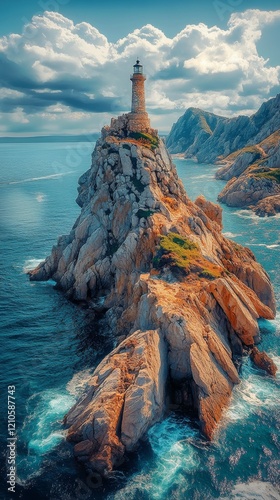 Lighthouse on a rocky island surrounded by turquoise waters and majestic moun...