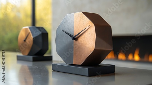 Unique decorative clock displayed on a wooden table with a vase and natural l...