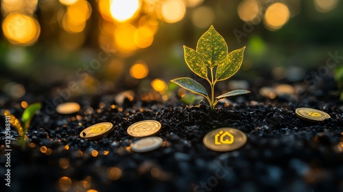 Green plant growing in soil surrounded by coins at sunset signaling investmen...