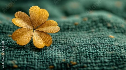 Beautiful golden flower placed on textured green fabric highlighting intricat...