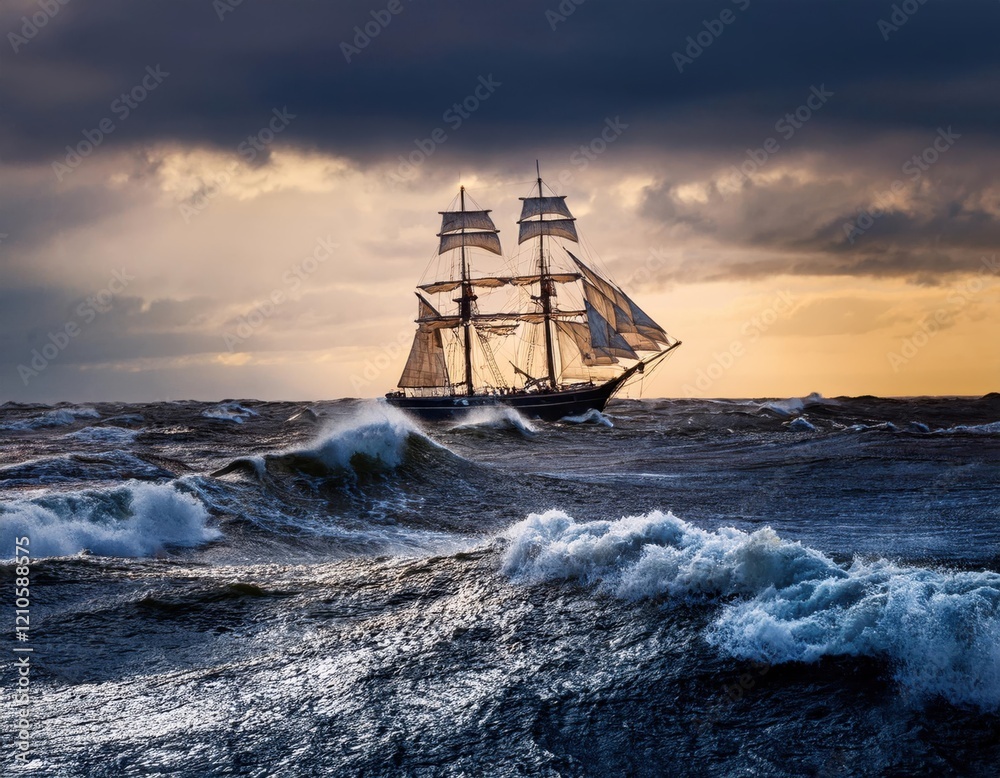 Fototapeta premium Majestic firefly sailing vessel navigating turbulent waters at sunset off the coast of Dramatic Beach