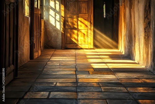 A rustic hallway with sunlight spilling through a wooden door, golden rays warming the aged floor tiles photo