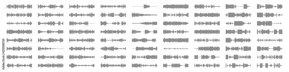 Obraz premium Voice message wave, podcast audio recording or voice chat vector icon. Audio player sound wave or message record play UI