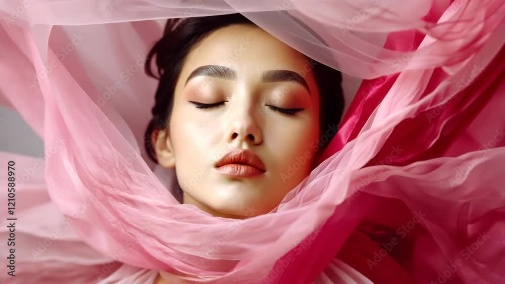 Graceful dance of flowing fabric surrounding serene woman's portrait in soft pink hue Graceful dance of flowing fabric surrounding serene woman's portrait in soft pink hue