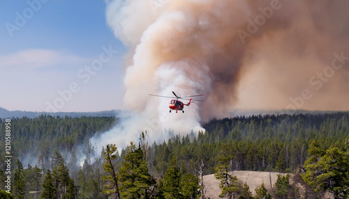 Firefighting helicopter drops water on blazing forest to control massive smoke plume during wildfire season photo