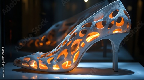 Stylish wooden high heel shoe with intricate cutouts showcasing light effects