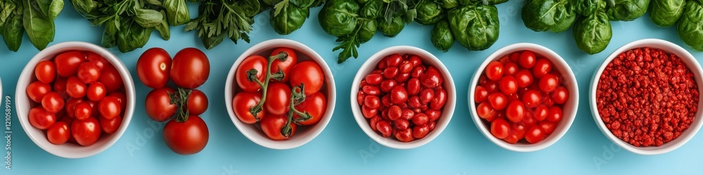 Culinary Minimalism Vibrant Tomato Array on Blue Backdrop for Cultural Cuisine Diversity in Food and Digital Marketing Content Creation