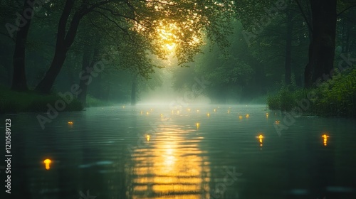 Serene autumn sunrise over tranquil lake with colorful foliage reflecting on ...