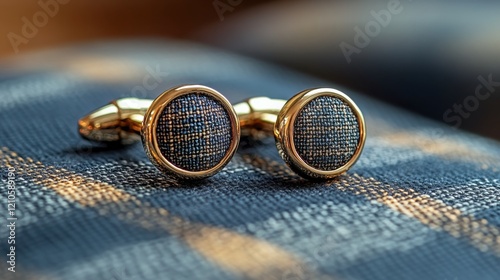 Elegant black cufflinks showcased on soft fabric with a warm background enhan...