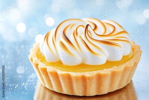 Delight in a mini lemon tart showcasing a golden crust filled with smooth lemon curd and topped with a beautifully toasted meringue against a glossy reflective surface