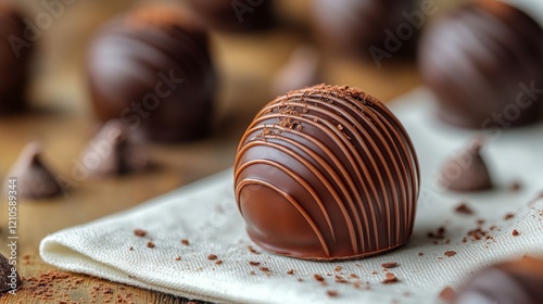 Perfectly crafted chocolate truffle on a white napkin in an elegant setting